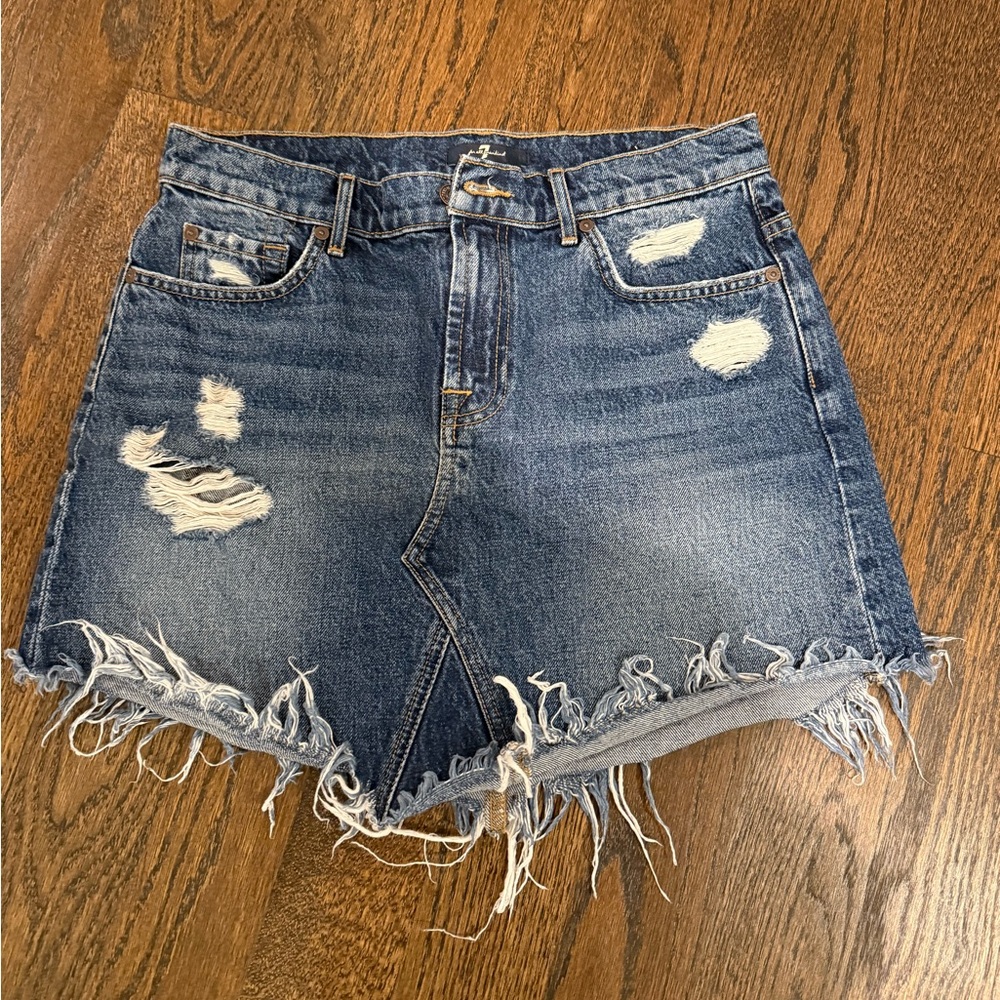 7 For All Mankind Blue Distressed Mini Skirt